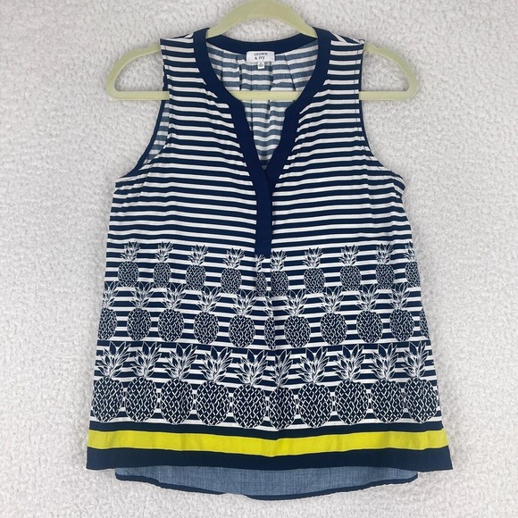 crown & ivy Tops - Crown & Ivy Blue White Pineapple‎ Print Tank Top Womens V-Neck Size Medium